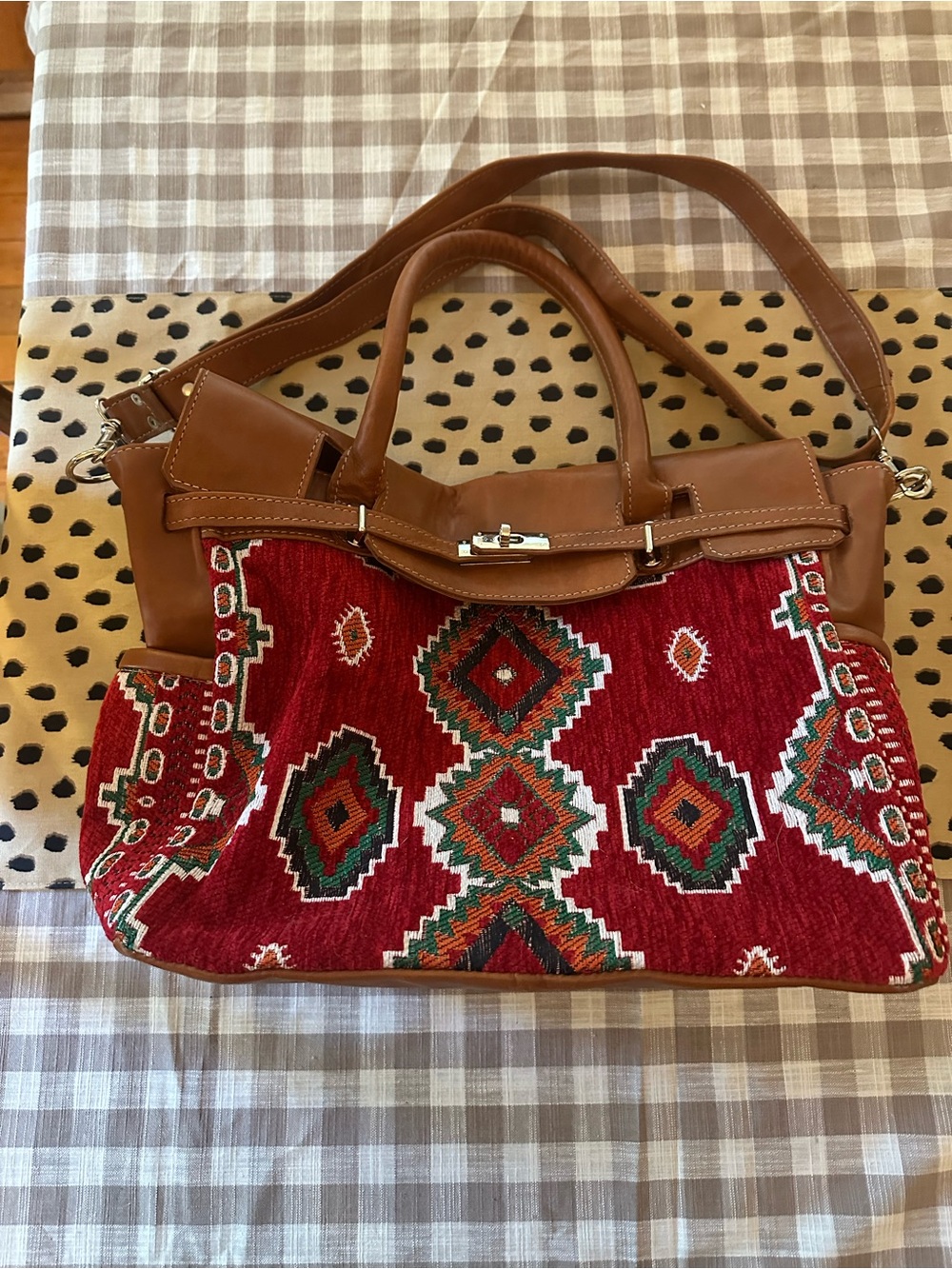 Brown Leather-Trim Red Patterned Moroccan Tote Bag